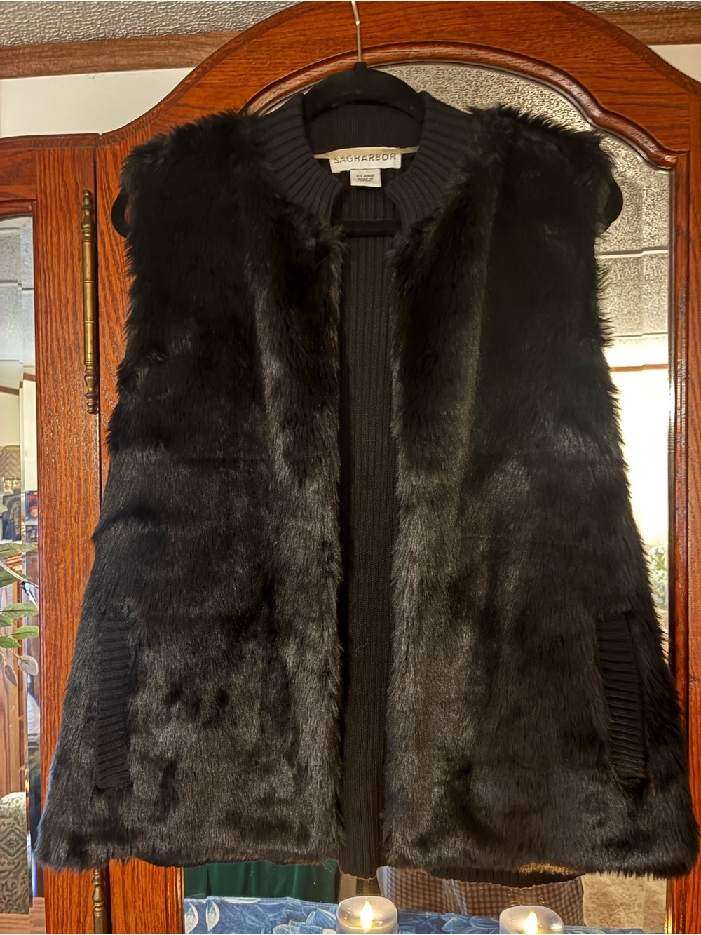 Sag Harbor Black Faux Fur Knit-Back Vesting